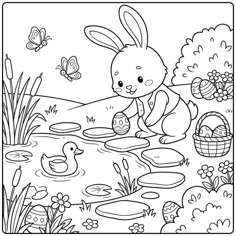 Easter Bunny coloring page by a pond with eggs and a duck