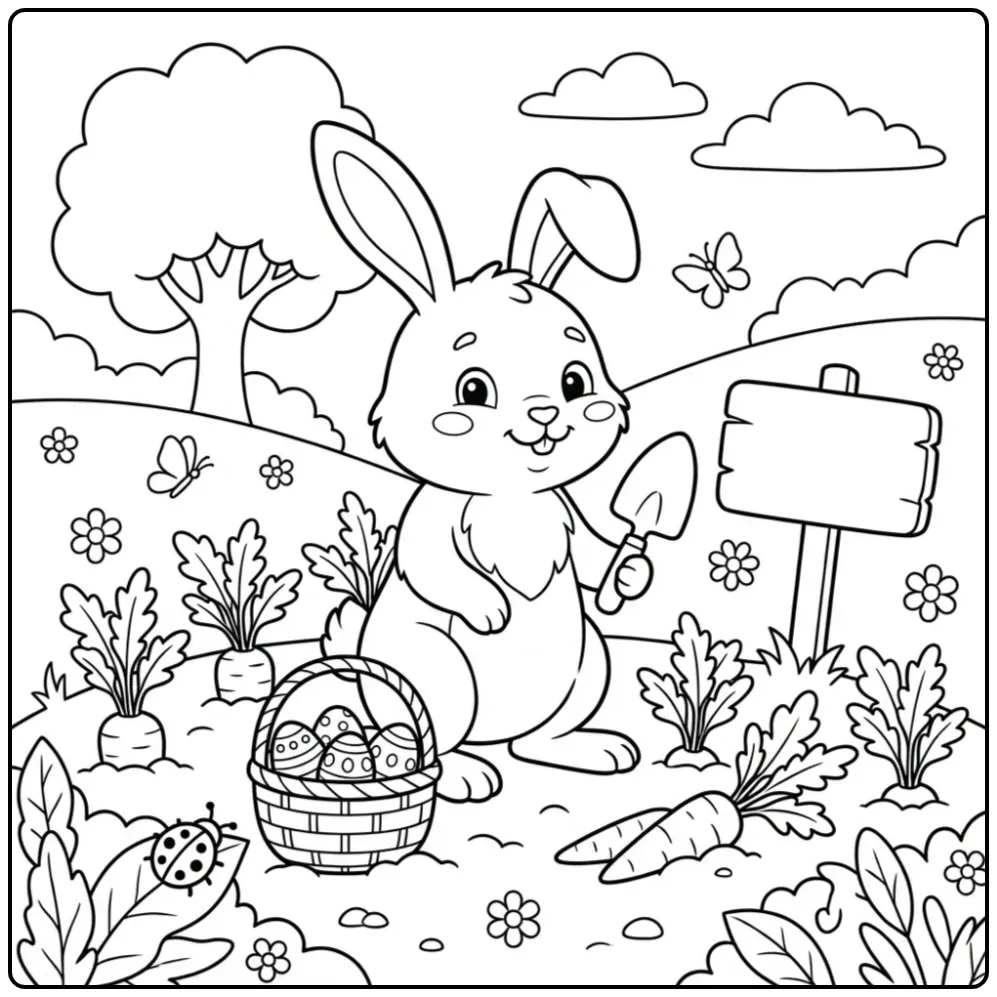 Easter Bunny coloring page in a vegetable garden
