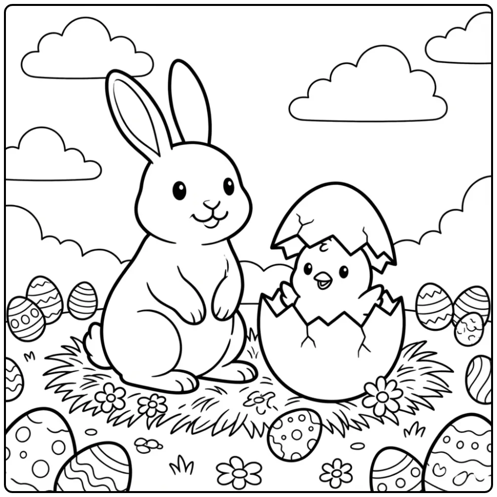 Easter Bunny coloring page with a chick and cracked egg