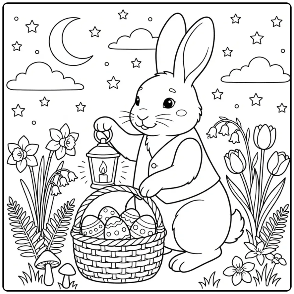 Easter Bunny coloring page at night with a lantern
