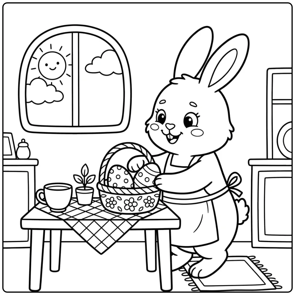Simple Easter Bunny coloring page with a basket of eggs