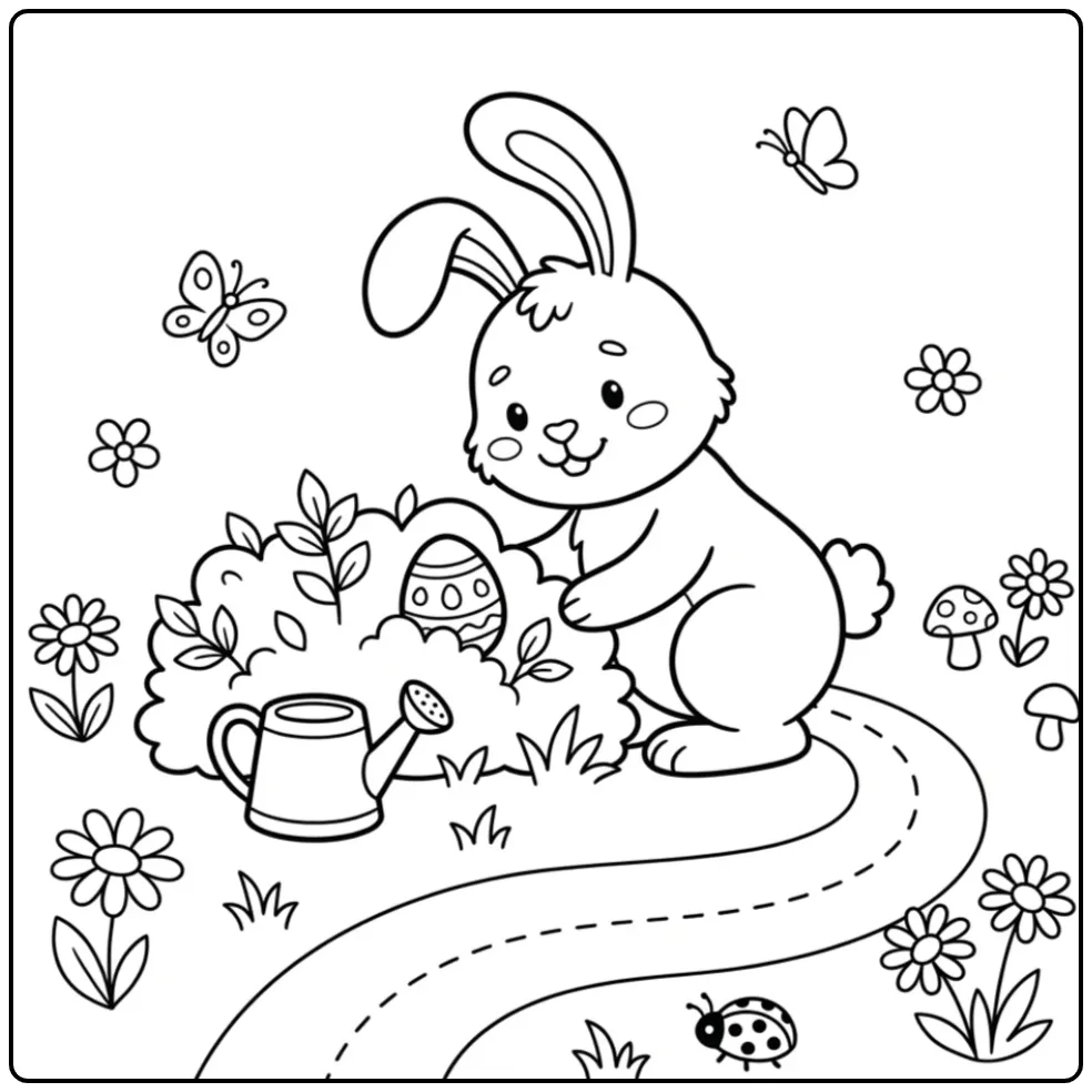 Simple Easter Bunny coloring page in a spring garden