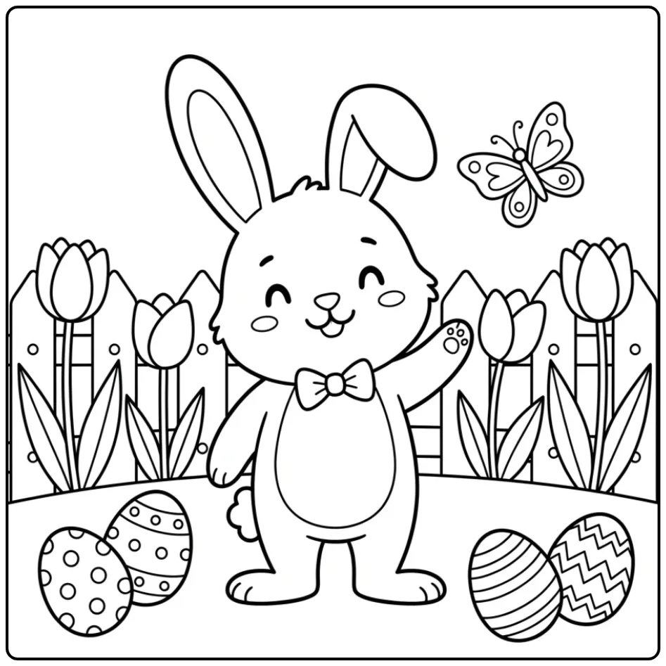 Simple Easter Bunny coloring page with eggs and flowers