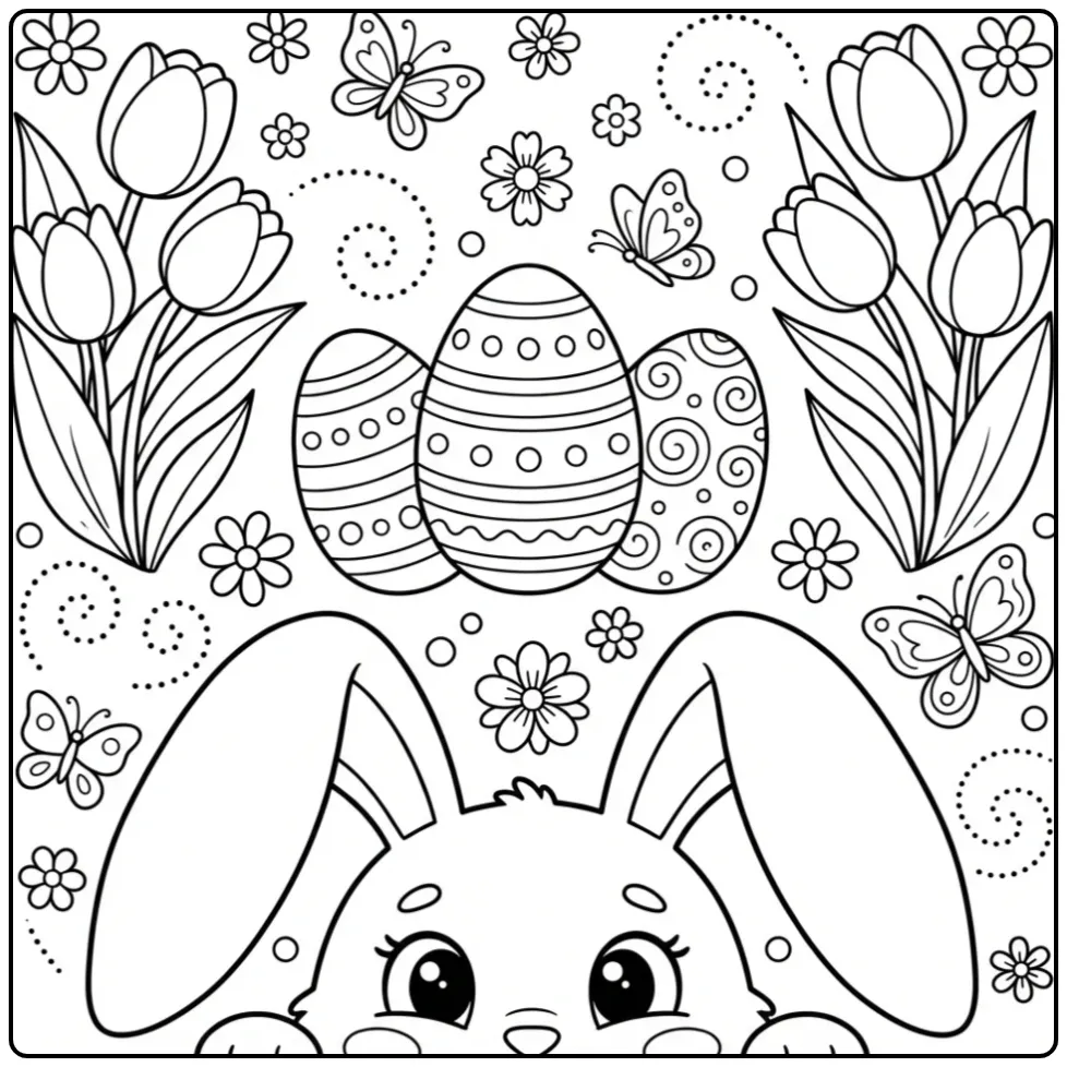 Easter Bunny ears coloring page with eggs and tulips
