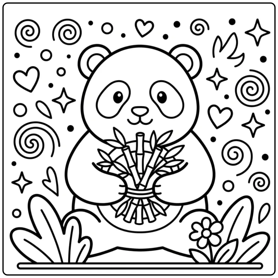 Easy panda coloring page with a bamboo bouquet