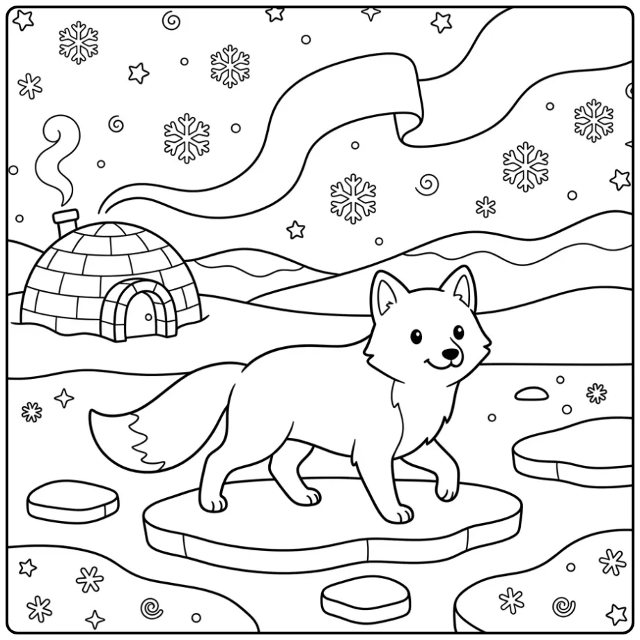 Arctic fox coloring page walking on ice by an igloo