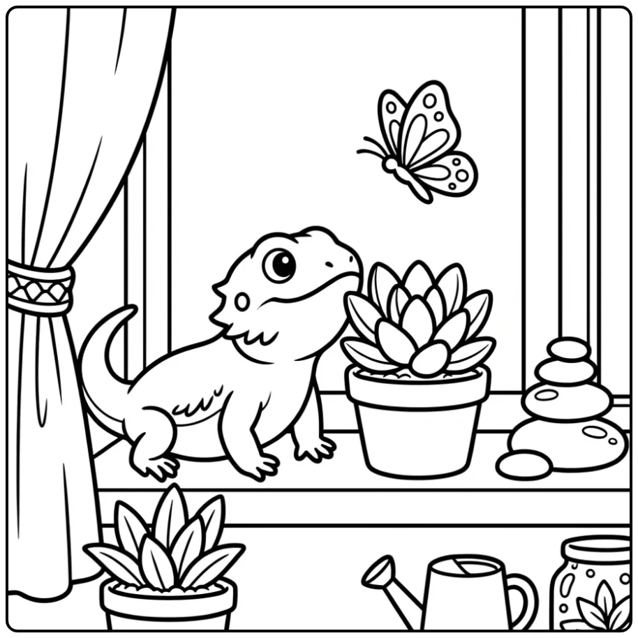 Cute bearded dragon coloring page with a plant and stones