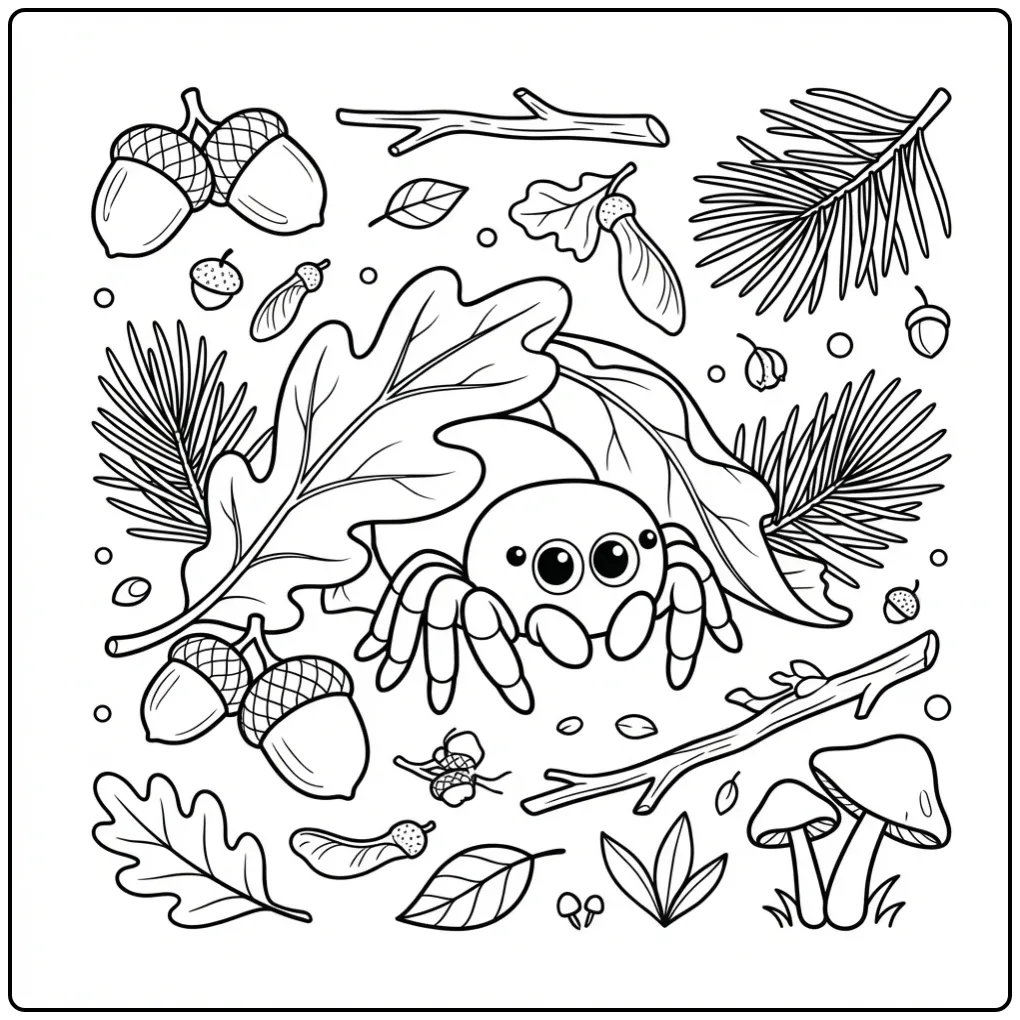 Jumping spider coloring page behind an autumn leaf