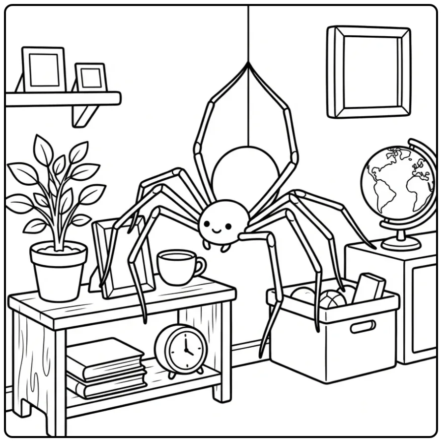 Spider coloring page with a cellar spider by a plant and shelf