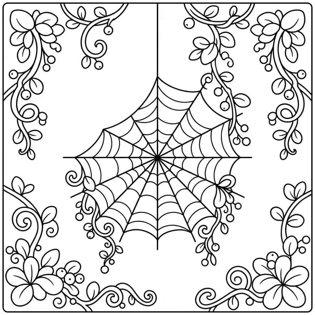 Spider web coloring page with berries and leaves