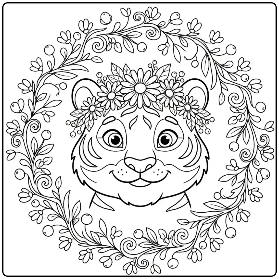 Tiger head coloring page with a flower crown