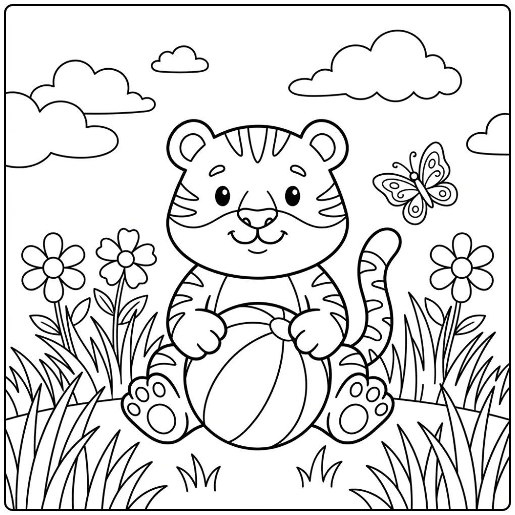 Easy tiger coloring page with a beach ball