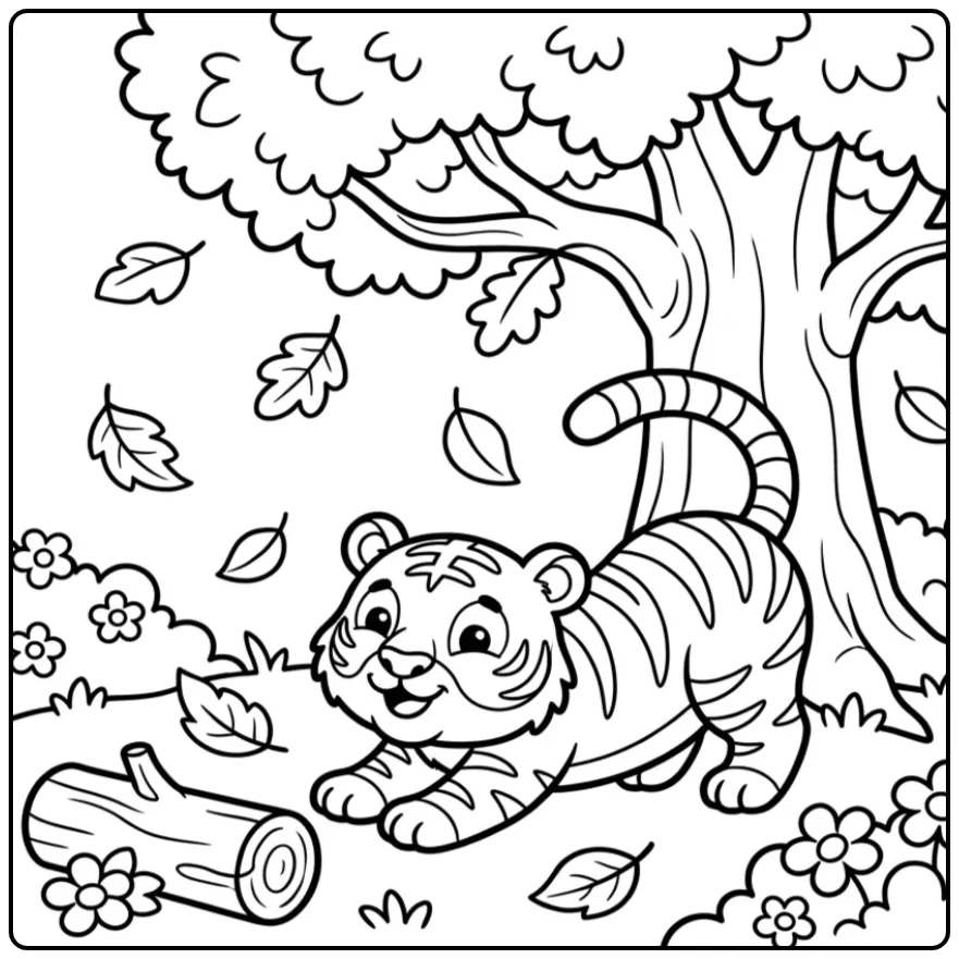 Easy tiger coloring page under a large tree