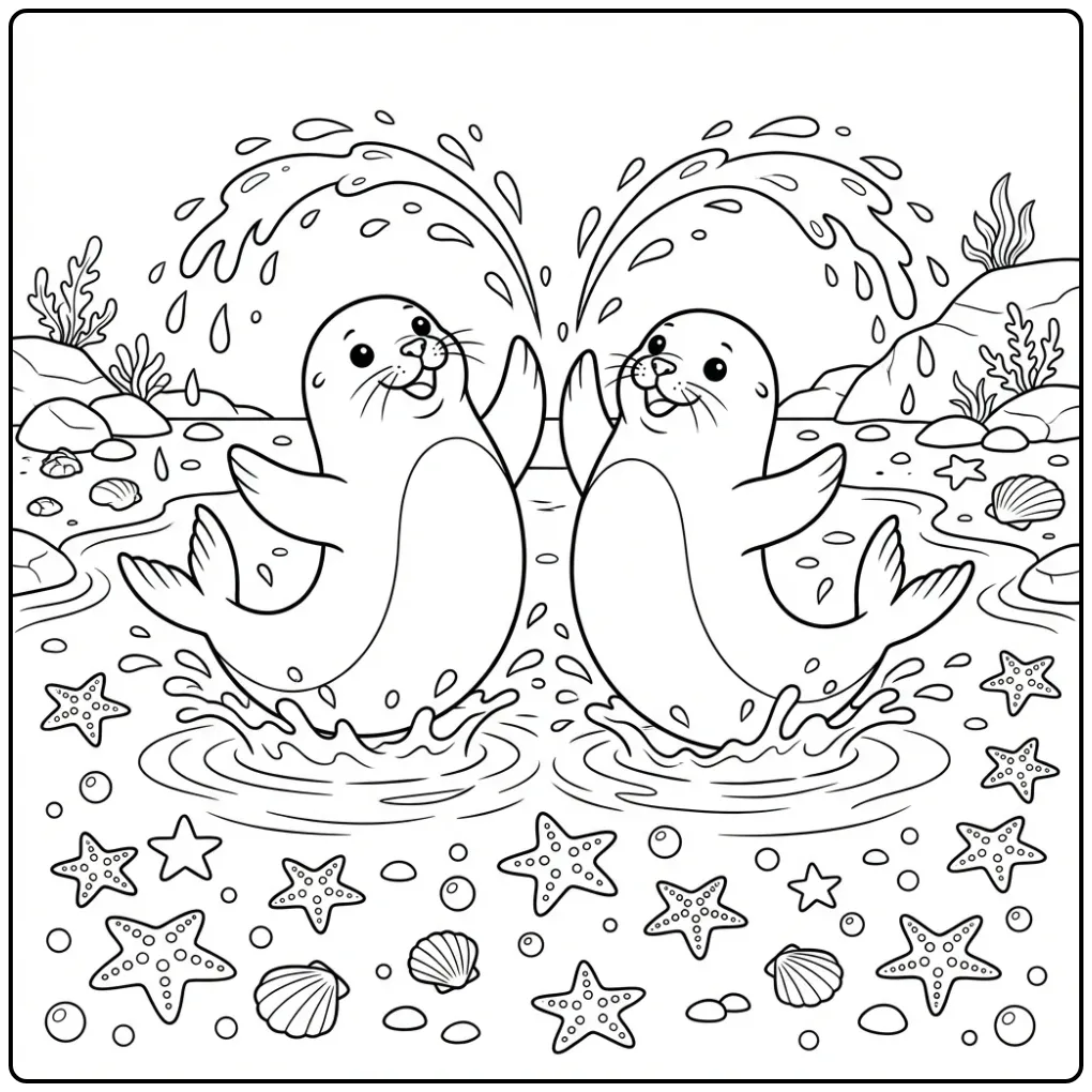 Seal coloring page featuring dancing seals in the sea