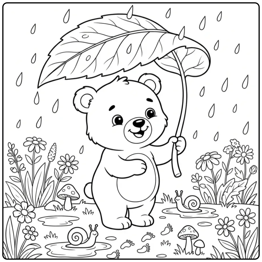 Teddy bear coloring page with a big leaf umbrella