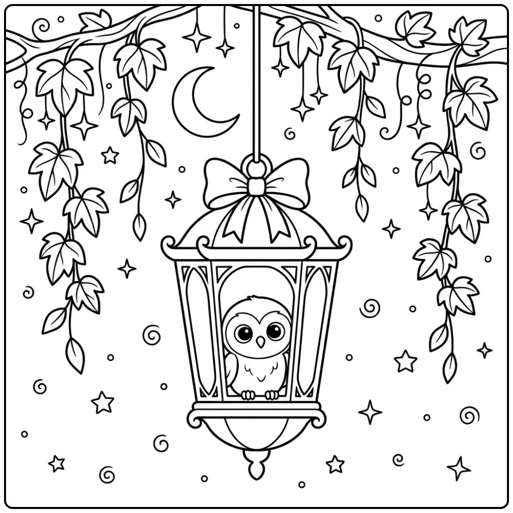Little owl coloring page in a lantern with moon and stars
