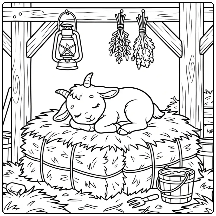 Cute goat coloring page sleeping on hay in a stable