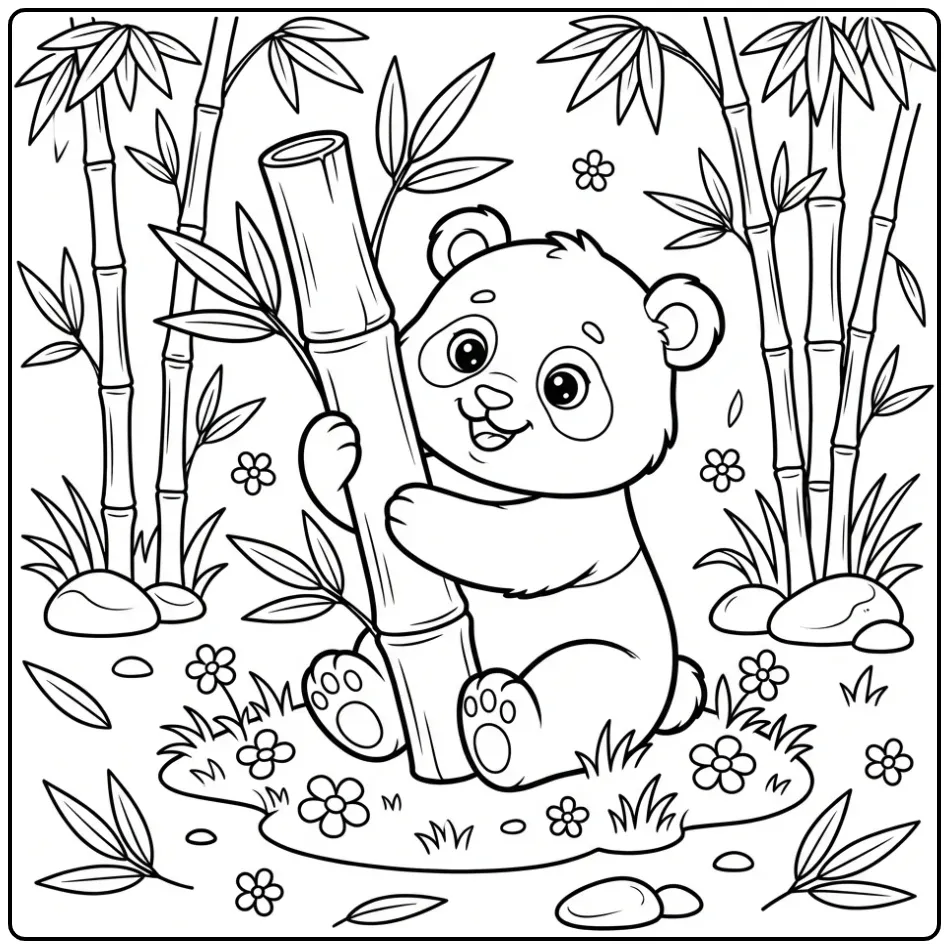 Baby panda coloring page with bamboo and flowers