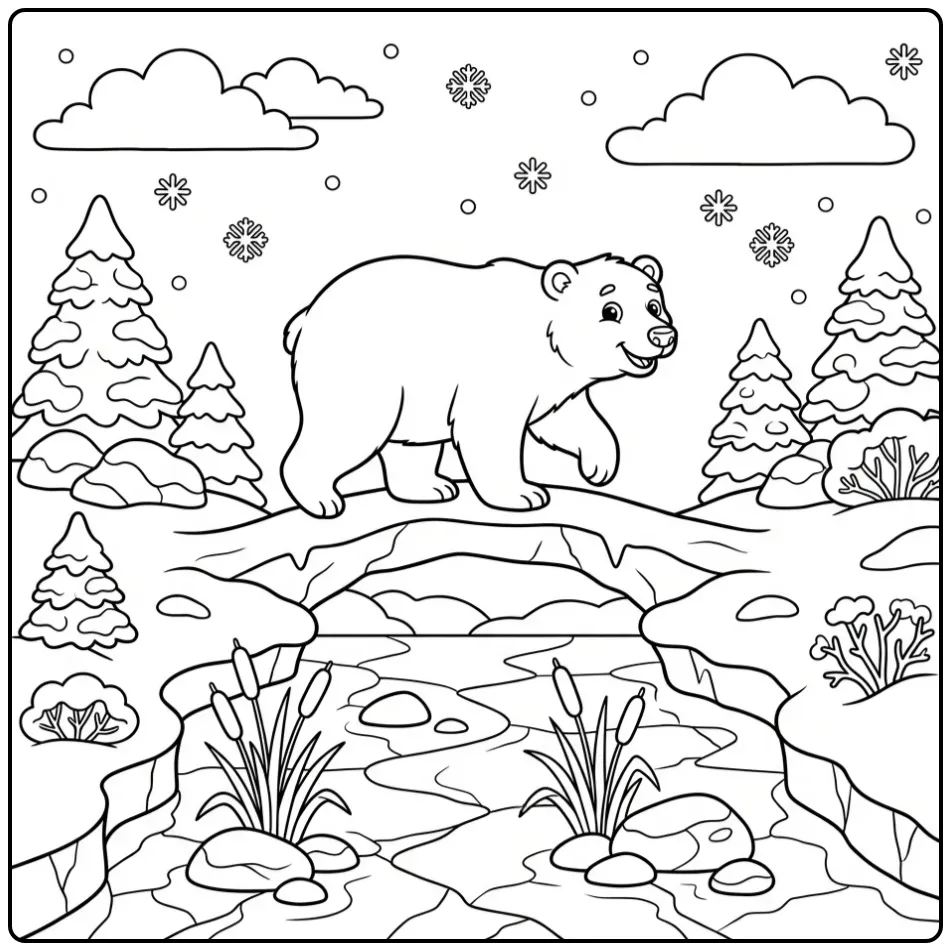 Polar bear coloring page on an ice bridge over a river