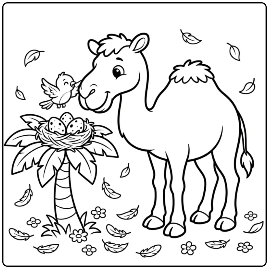 Camel coloring page helping a small bird