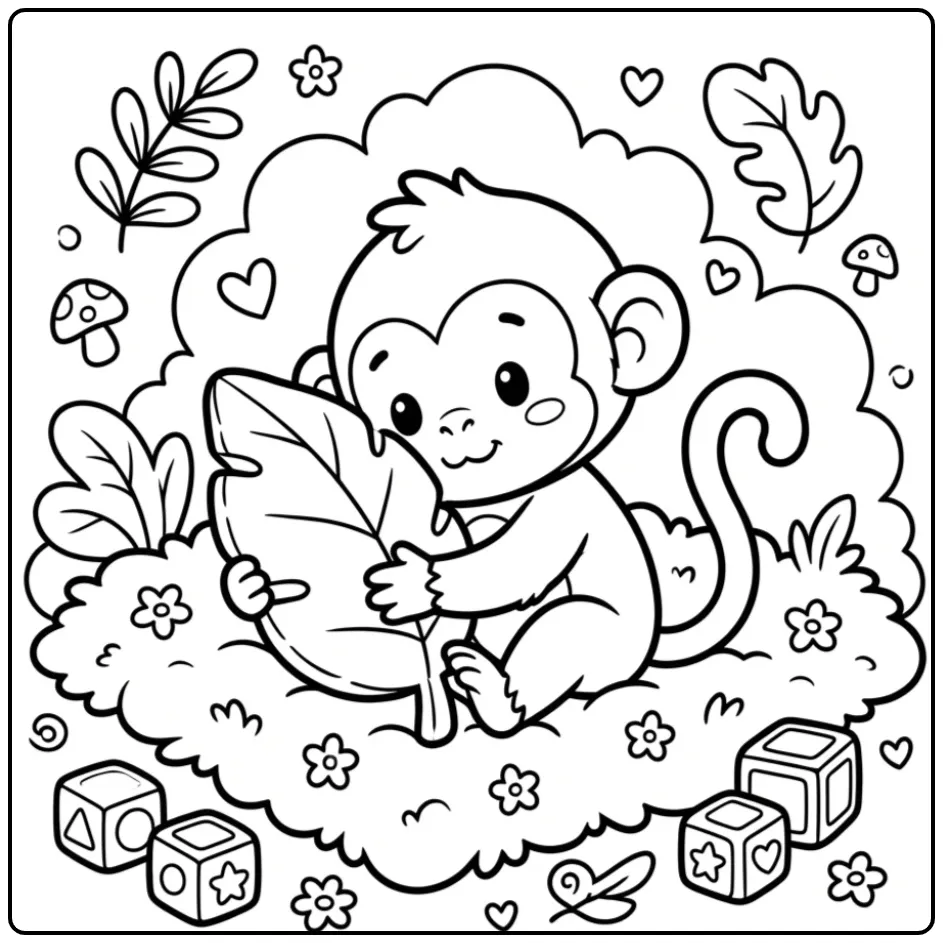 Little monkey coloring page cuddling a leaf plush