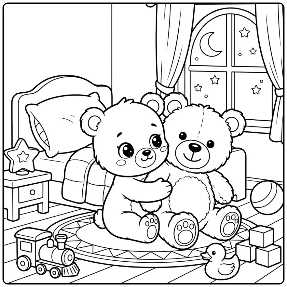 Cute teddy bear coloring page hugging a big teddy bear