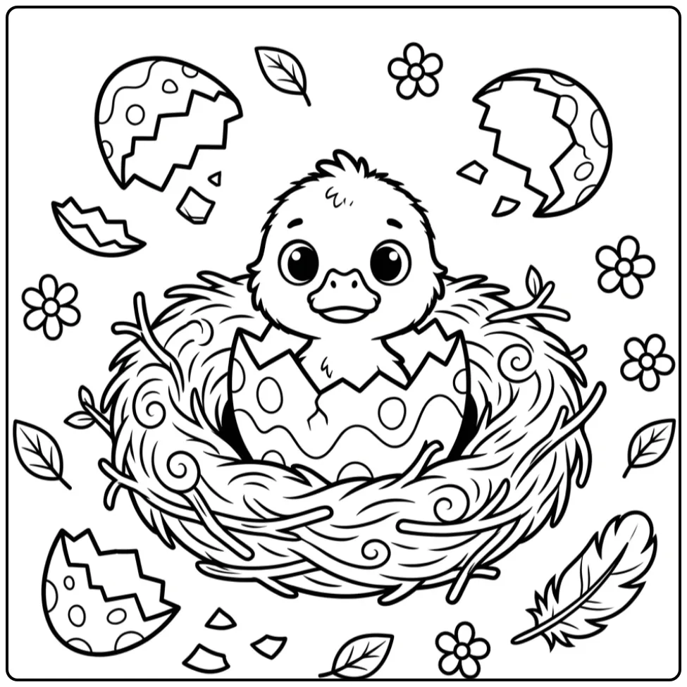 Baby duck coloring page hatching from an egg in a nest