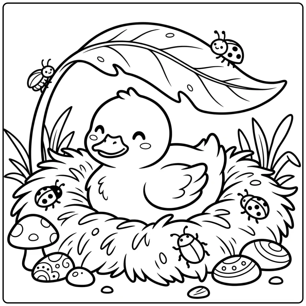 Baby duck coloring page sleeping under a large leaf