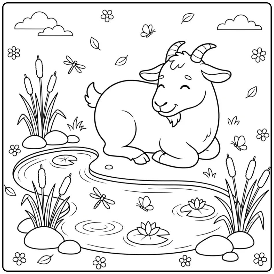 Calm goat coloring page by the edge of a pond