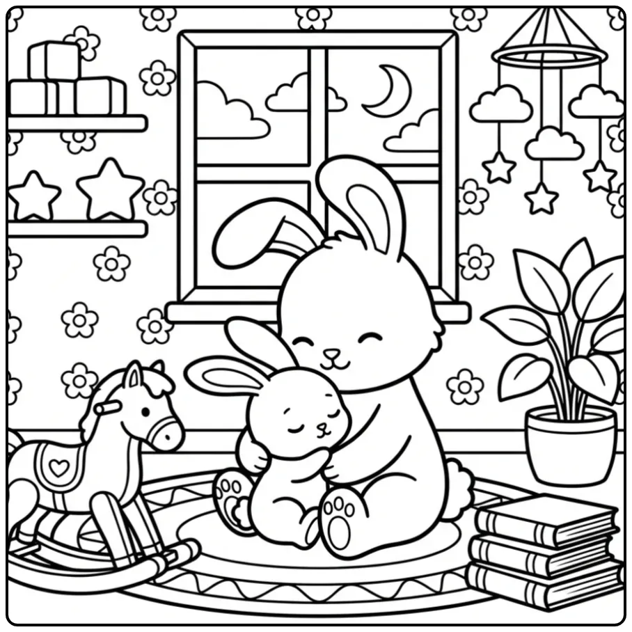 Cuddly rabbit coloring page with a baby in a nursery