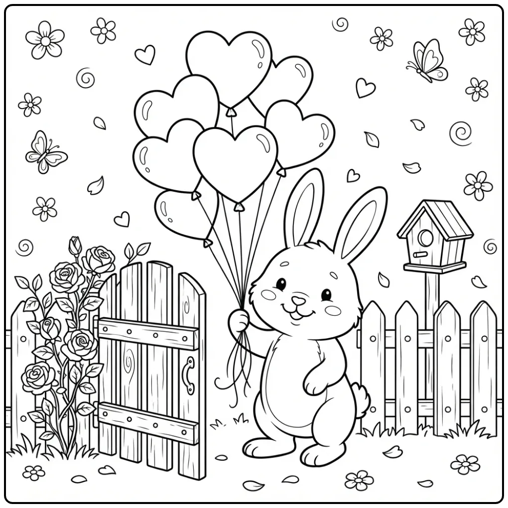 Rabbit with heart coloring page with balloons in the garden