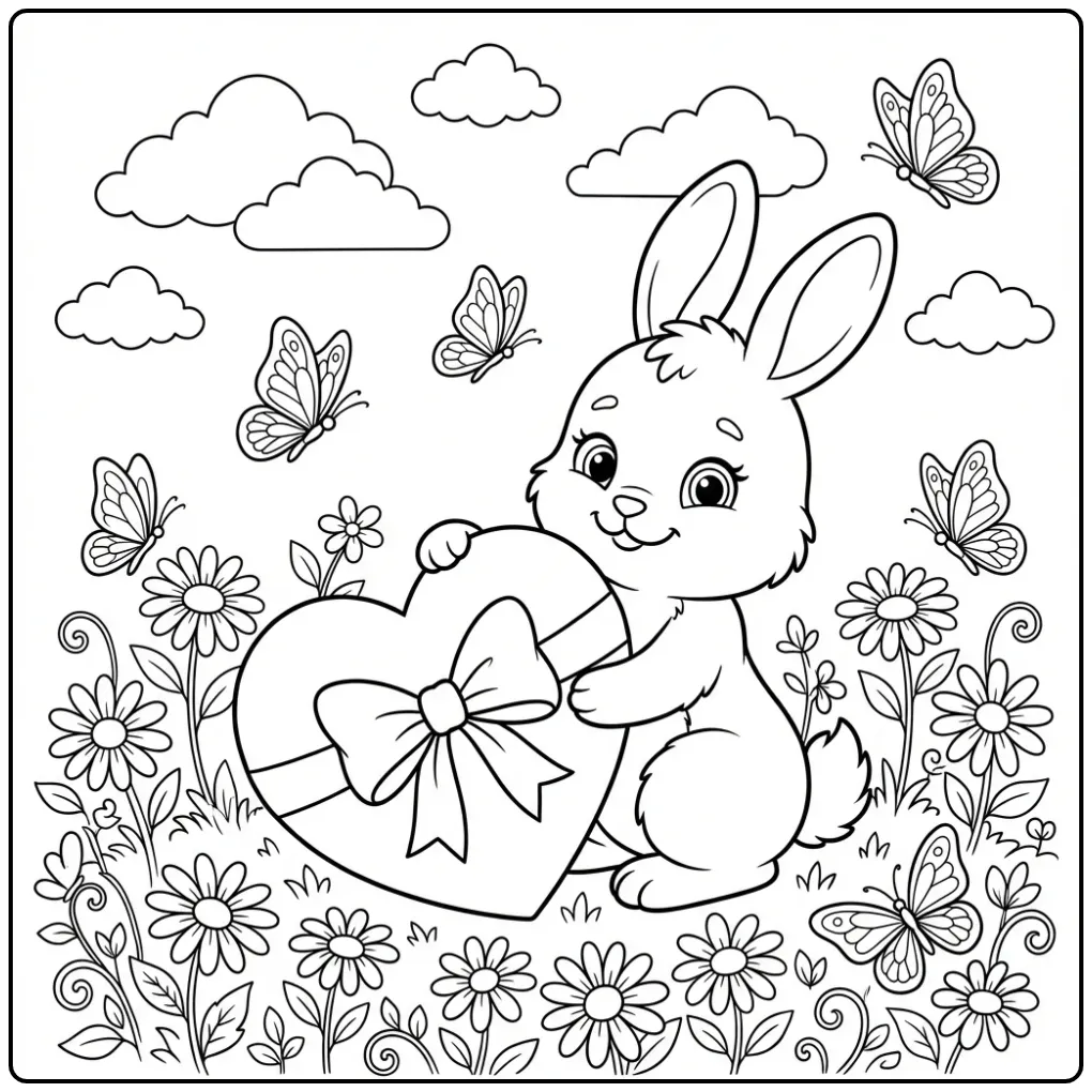 Rabbit with heart coloring page in a flower meadow