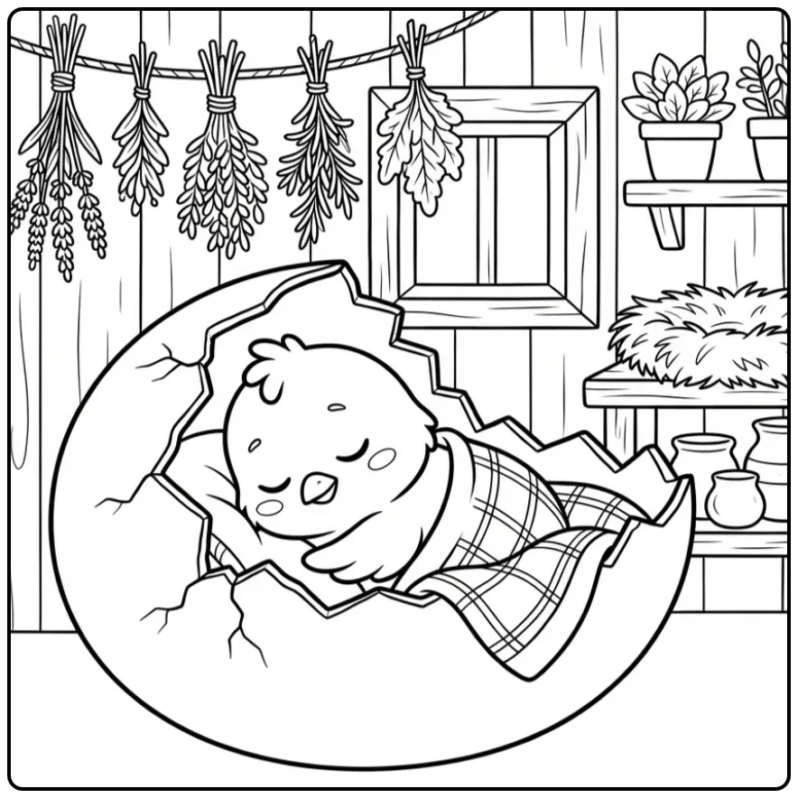 Chick in egg coloring page sleeping with a blanket