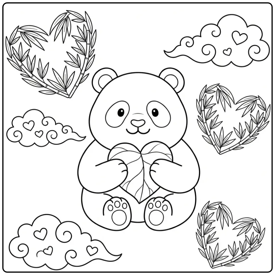 Panda with heart coloring page and bamboo leaves