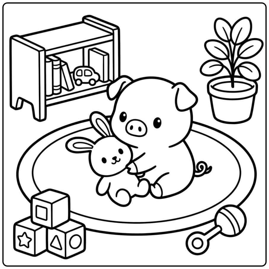 Little pig coloring page hugging a bunny toy
