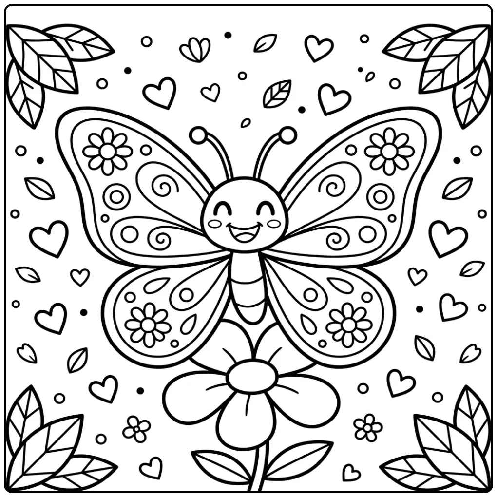 Butterfly coloring page on a flower with hearts
