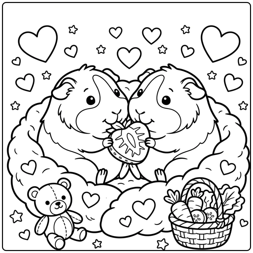 Guinea pigs coloring page sharing a strawberry