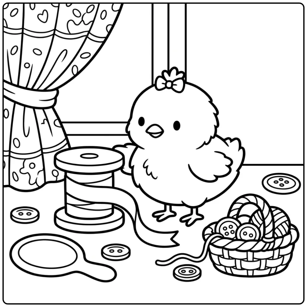 Chick coloring page with bows, buttons, and a basket