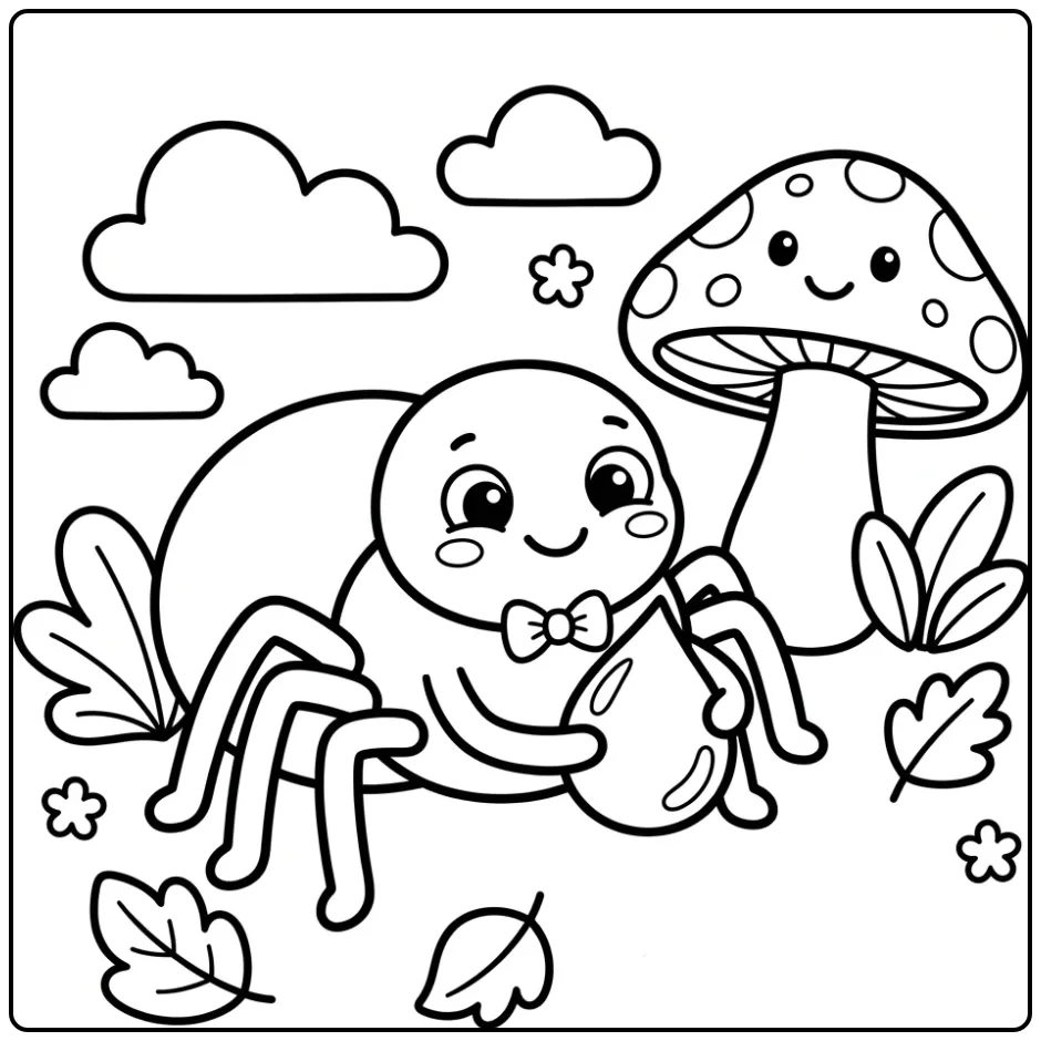 Toddler spider coloring page with a mushroom and dew drop