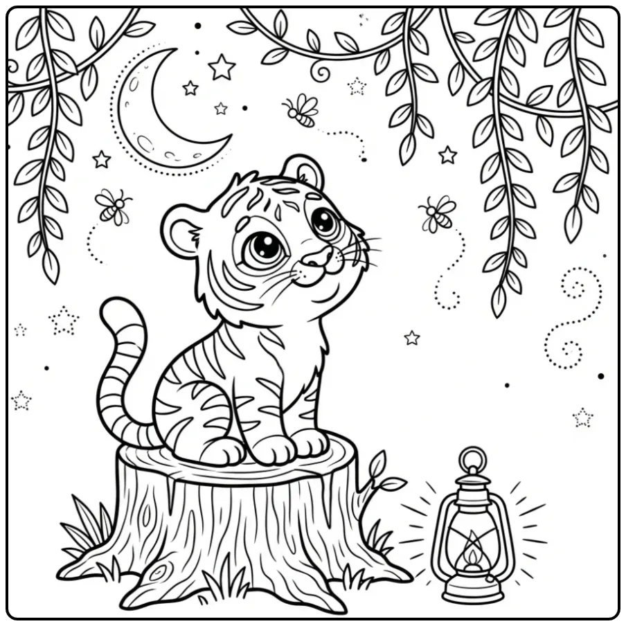 Baby tiger coloring page looking at the moon