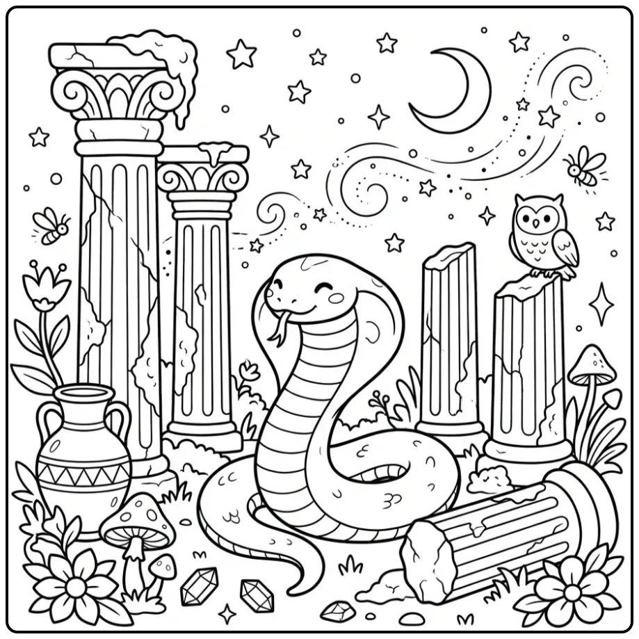 Cobra coloring page featuring a cobra by ancient ruins