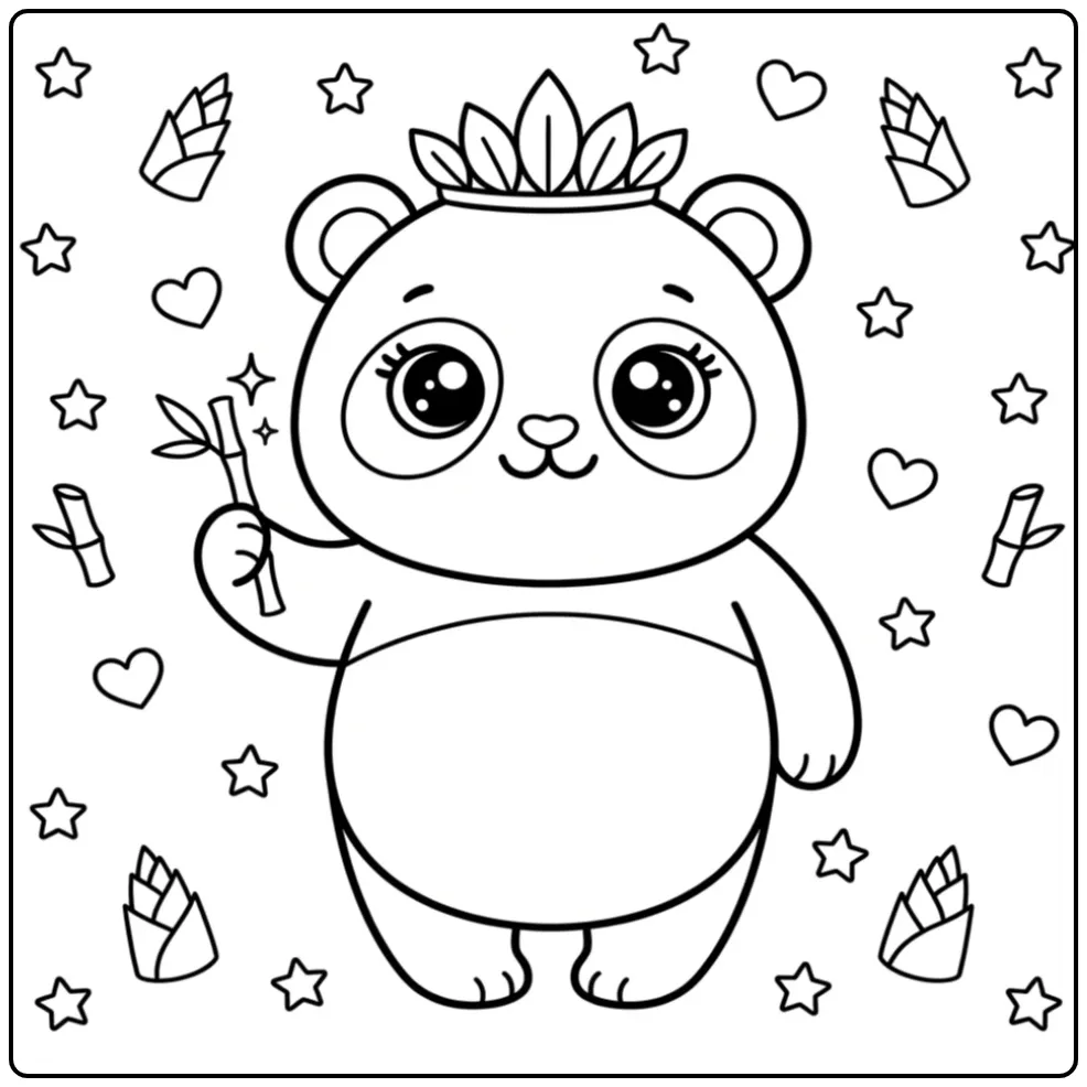 Kawaii panda coloring page with a bamboo magic wand