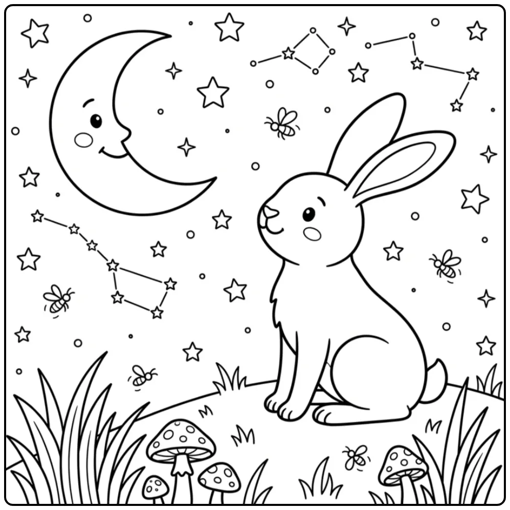 Hare coloring page looking at the moon and stars