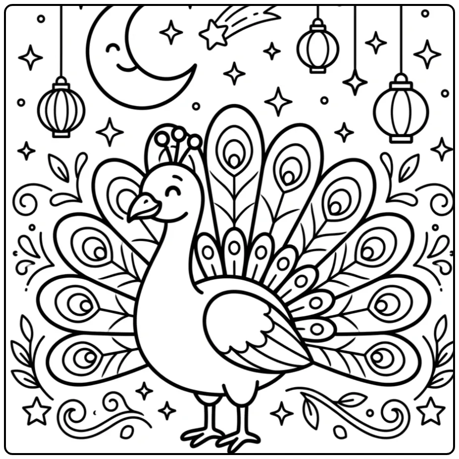 Peacock coloring page under a magical night sky