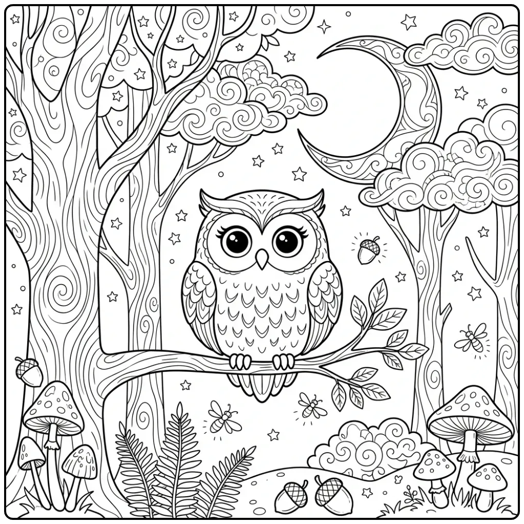 Difficult owl coloring page in a magical forest