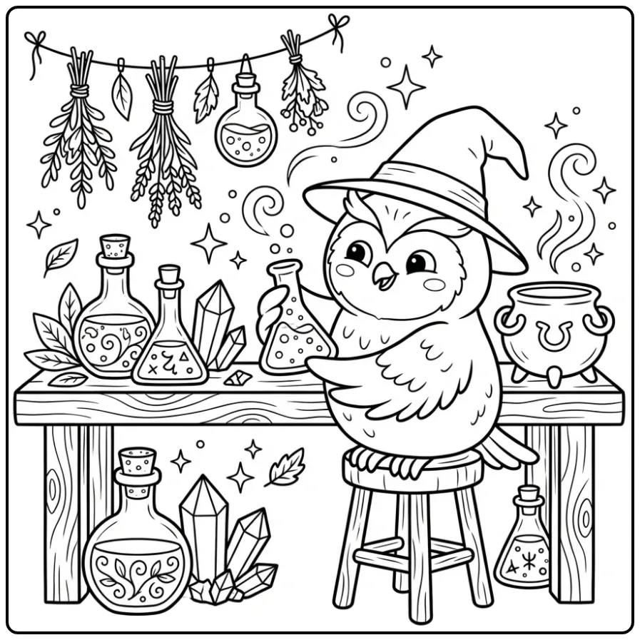 Adult owl coloring page as an alchemist with potions