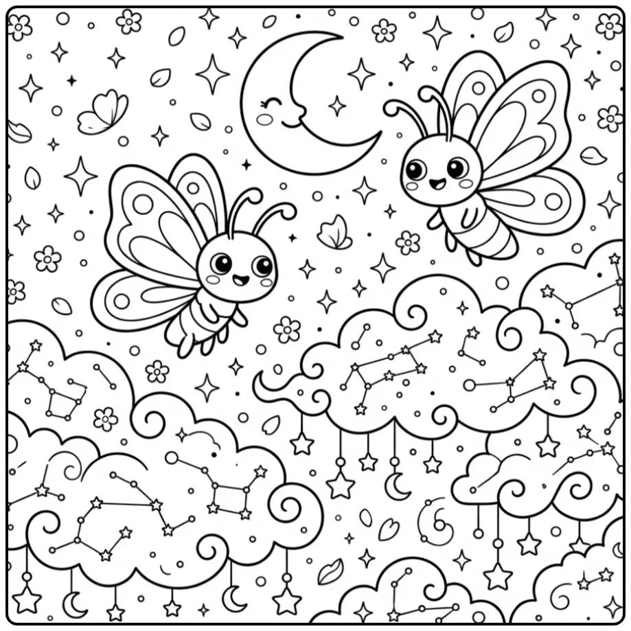 Difficult butterfly coloring page at night
