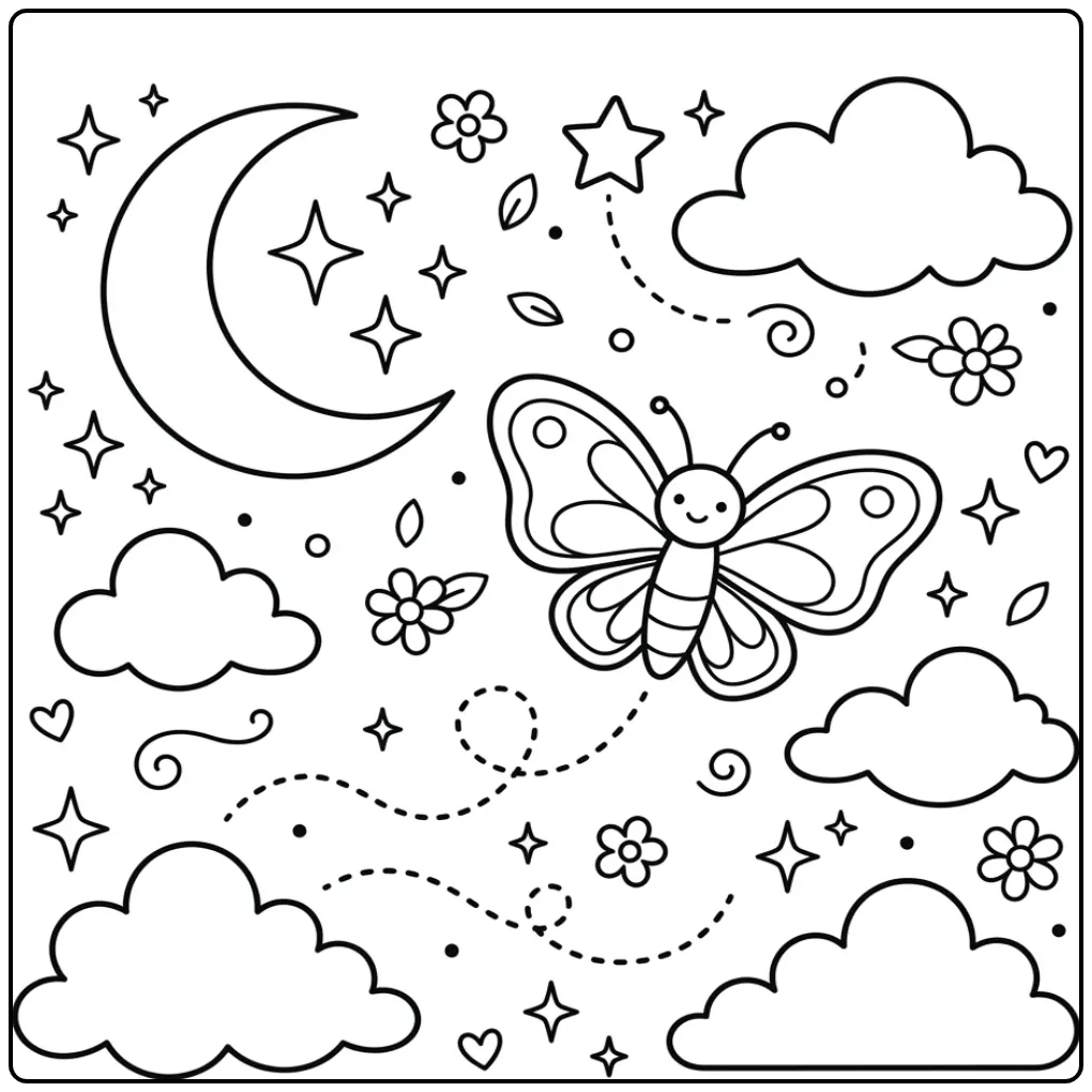 Butterfly coloring page among clouds and stars