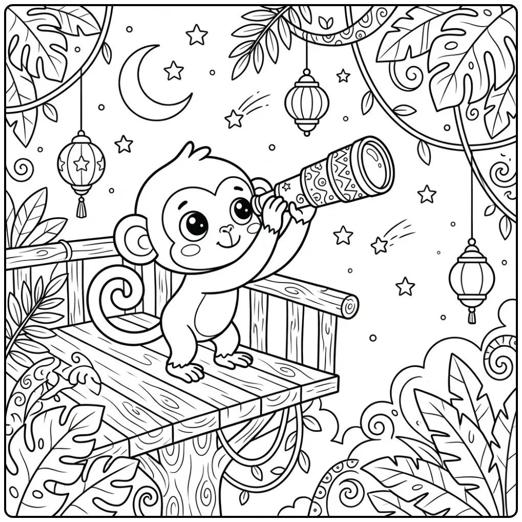 Monkey coloring page looking through a telescope at the moon