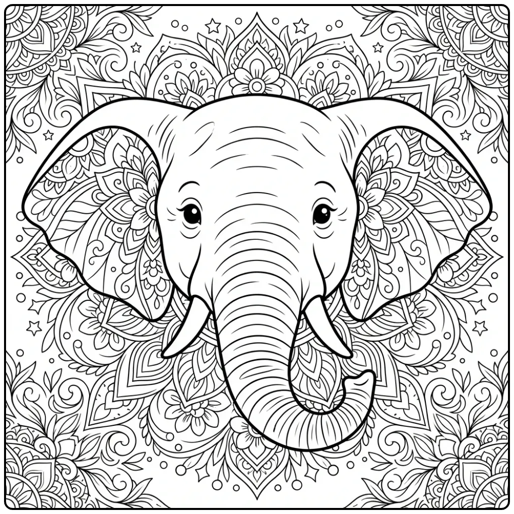 Difficult elephant coloring page with flowers and mandala details